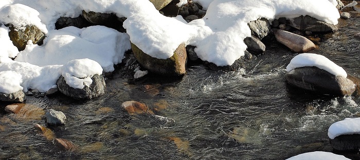 尾瀬野宴会場越後より、雪に覆われた桧枝岐川渓谷の止まることのない、透き通る清き流れの、せせらぎを望む