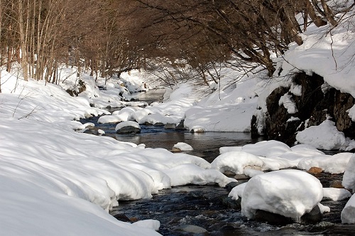 尾瀬野より望む、清流・桧枝岐川渓谷の積雪もだいぶ少なくなりました(平成30年1月21日）。