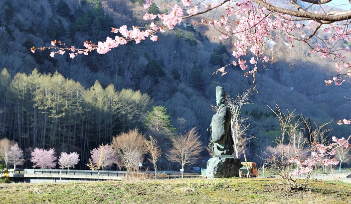 尾瀬大納言の像付近の桜も満開になり深山の檜枝岐村も最高の春の季節を迎えております(２０１９年５月８日）。尾瀬大納言の向きは東の方角(太陽が昇る方角）を向いております。
