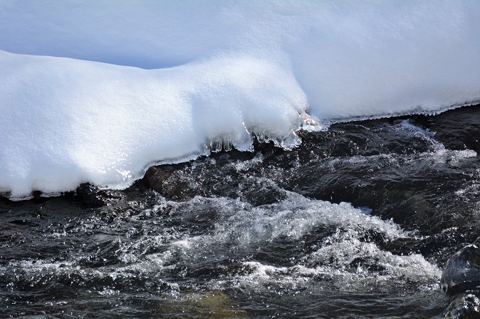 風雪の後の晴天の日に桧枝岐川の清らかなせせらぎと、厳冬期の雪景色を見つめて（２０２３年１月２０日・午後１時１０分）。