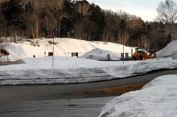 残雪残る、尾瀬御池登山口。平年の残雪の約３分の１くらいの積雪量に見えました（２０２４年４月２９日）。